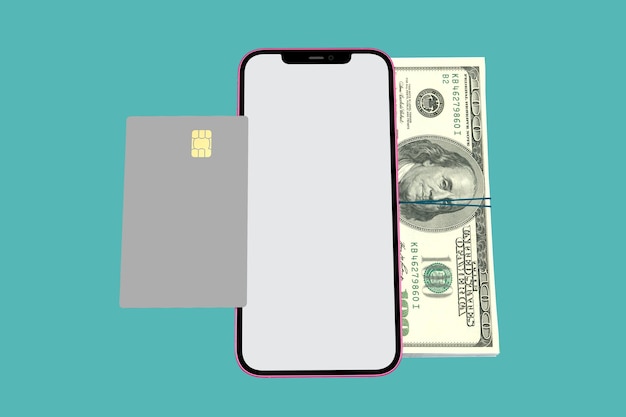 Phone and Credit Card Front View In Green Background