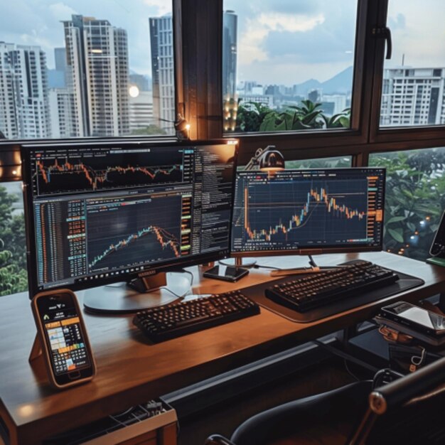 a phone on a desk with a graph showing the time