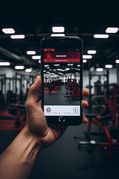 Photo phone in hand screen to camera closeup gym in background