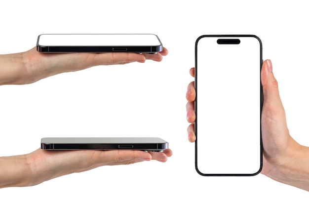 다른 각도 모형에서 흰색 배경에 고립 손에 손에 현대 새로운 전화를 설정하는 전화