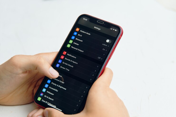 phone in hand. Settings phone on screen display.