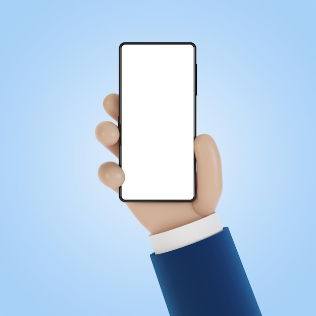 Phone in hand with blank screen. 3D illustration in cartoon style.