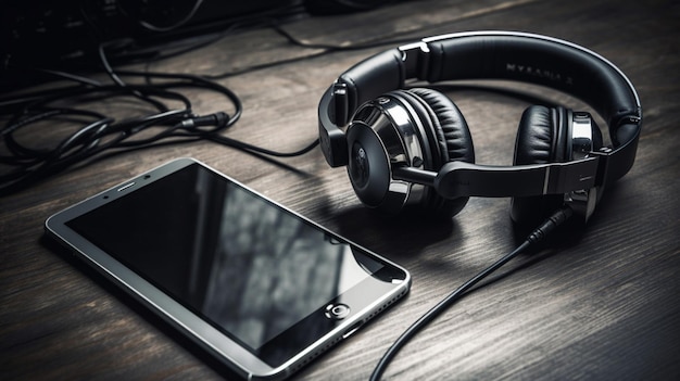 A phone and headphones on a table with a phone on it.