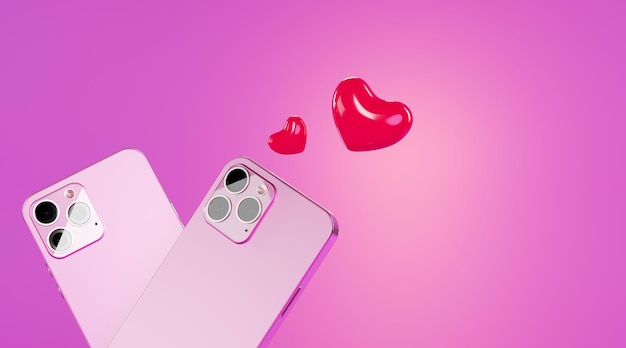 バレンタインデーのオンラインショッピングコンセプトの電話とハートの3Dレンダリングバナー