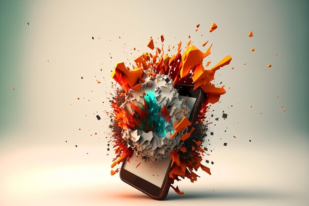 A phone is breaking into a ball and it is exploding.