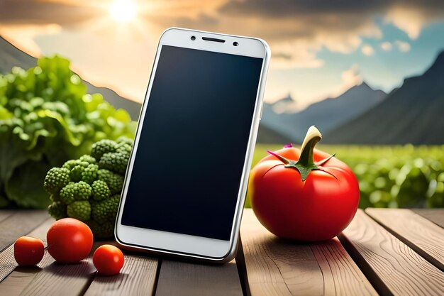 A phone is on a table with vegetables and a tomato.