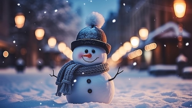 phone in man hand making photo of festive colorful Christmas tree and snowman in winter city