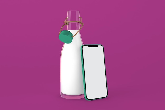 Фронтальная сторона телефона и бутылки молока изолирована на фиолетовом фоне