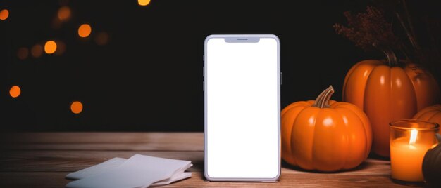 ハロウィーンの感謝祭の背景に携帯電話のモックアップ空白の画面