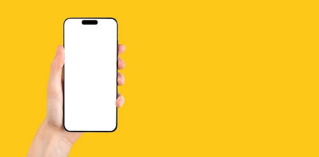 Phone mock up frame in hand on yellow ad banner promo background for app ads