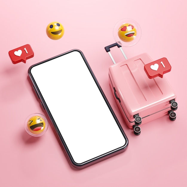 Telefono mockup rosa valigia emoji online viaggio vacanza concetto 3d rendering