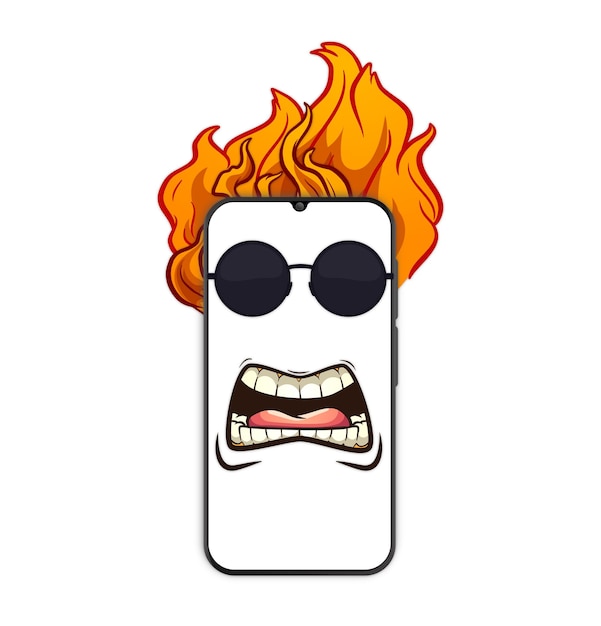 Phone mockup and startled face expression emoticon with
sunglasses and fire flames drawing on screen