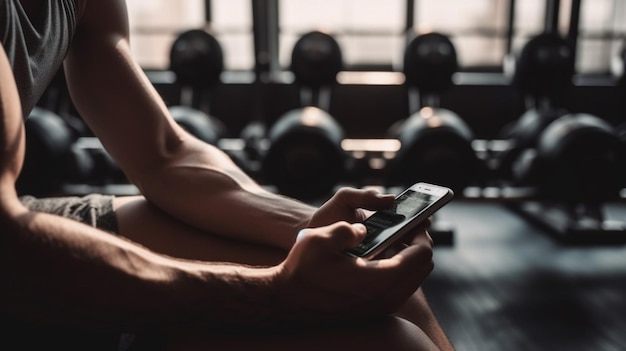 Телефонная музыка и мужские руки в спортзале для тренировки