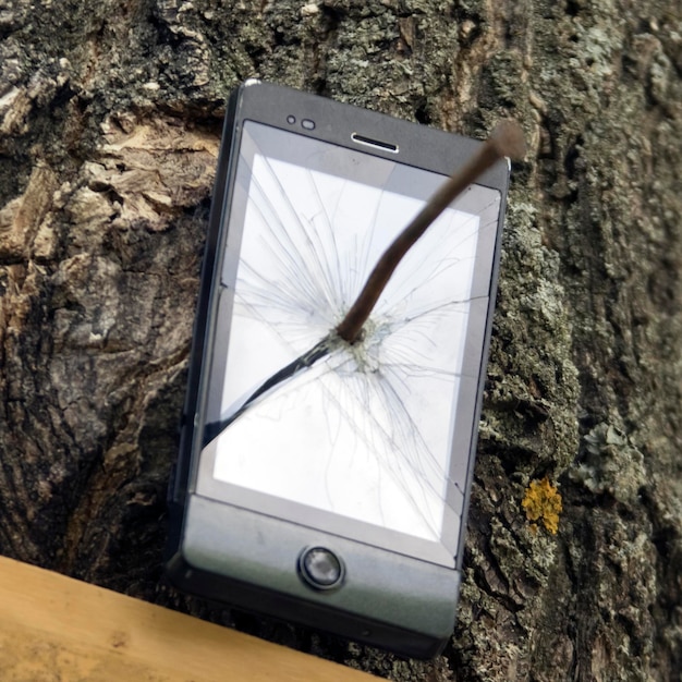 Phone nailed to tree in forest