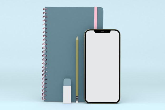 Phone and Notebook Front Side Isolated In Blue Background