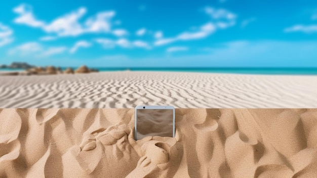 A phone in the sand with a blue sky in the background