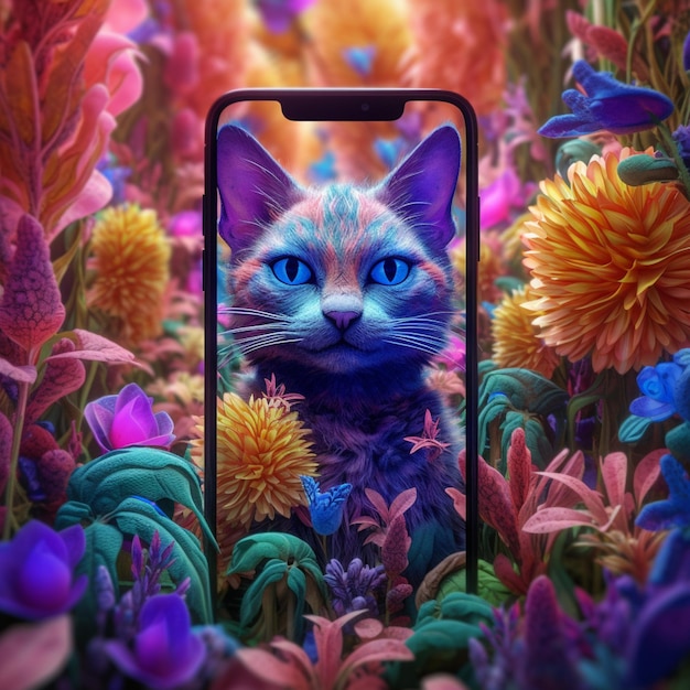 猫の絵が描かれた携帯電話の画面。