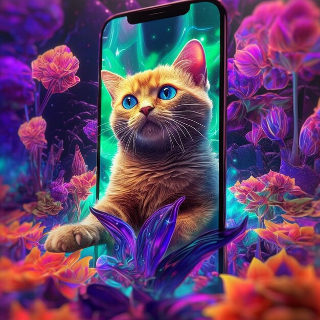 A phone screen with a cat on it that says