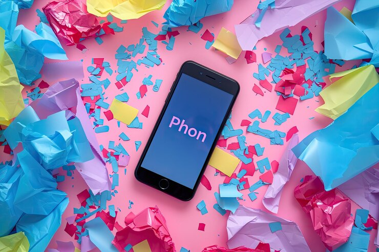 Photo phone screen with colorful paper and the word phone on the screen