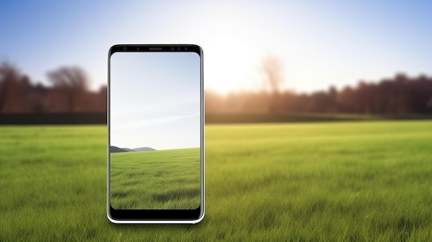 A phone screen with a field of grass in the background.