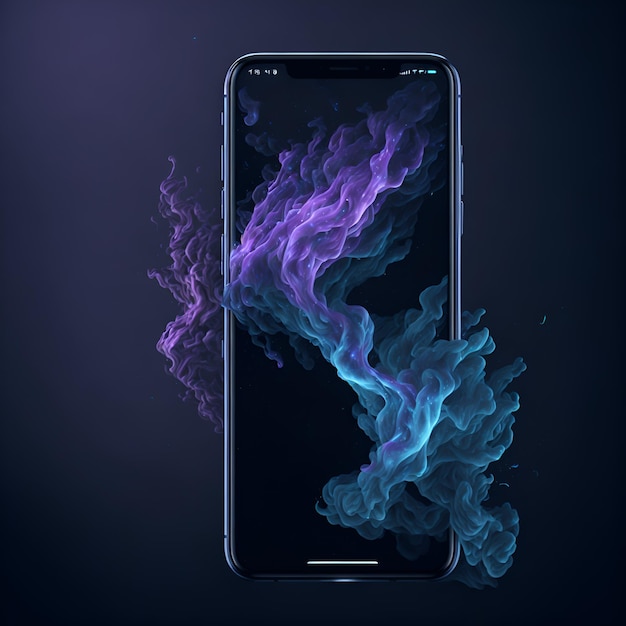 A phone screen with a purple and blue smoke pattern on it.