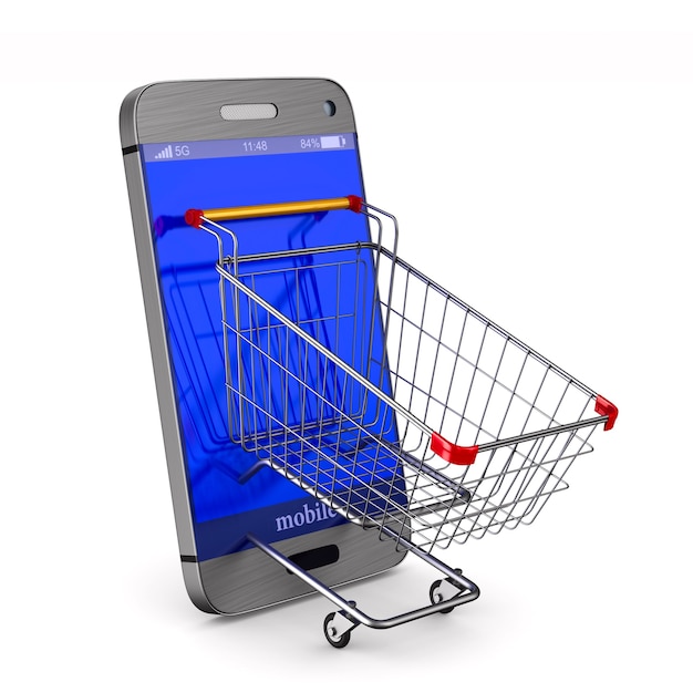 Phone and shopping cart on white.