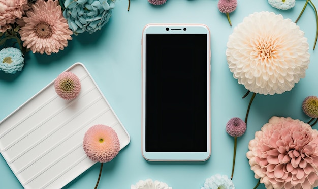 A phone sits on a table with flowers on it.