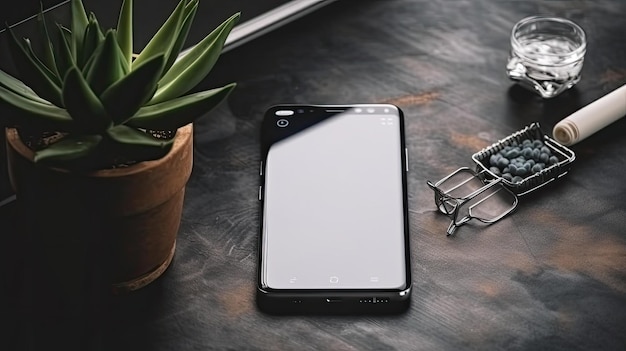 A phone on a table with a mouse and a plant