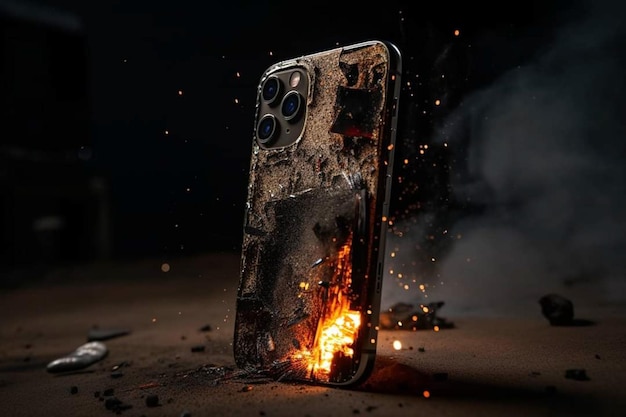 A phone that has been burned on fire