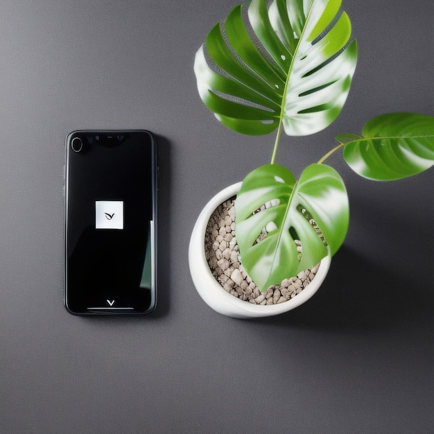 A phone that is on a table with a plant in it