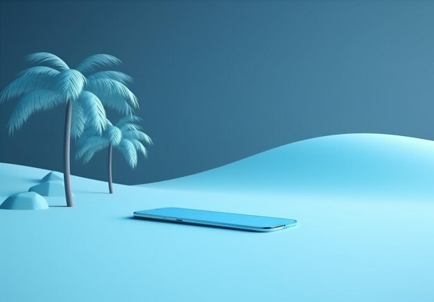 Телефон вверх летние каникулы макет креативная концепция пальмы песок море кибер Генеративный ИИ