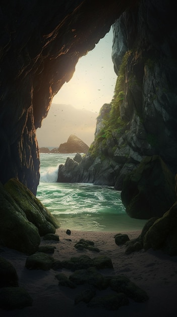 Phone wallpaper of beach nestled between towering cliffs Generative AI