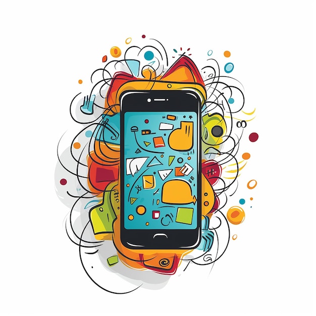Photo phone with apps line art illustration