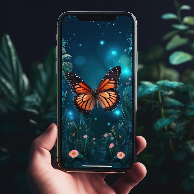 A phone with a butterfly on it that is on display