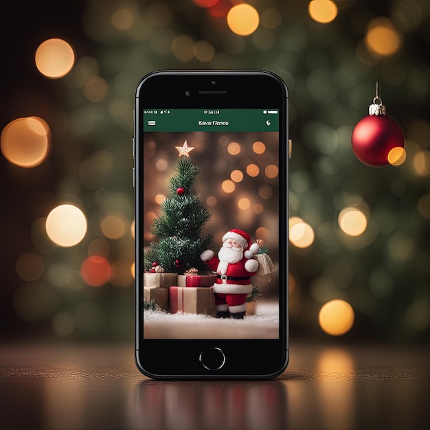 Foto telefono con albero di natale e decorazioni carta da parati mobile per lo sfondo di natale