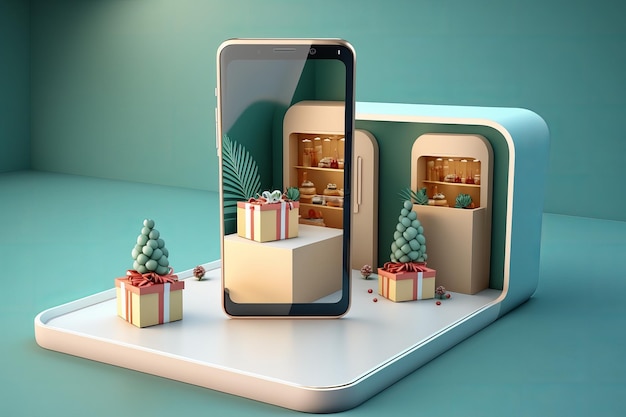 A phone with a christmas tree on it and a display of presents on it.