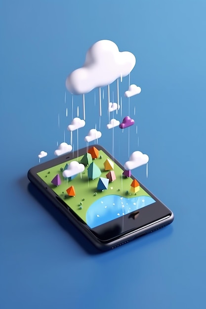 A phone with a cloud on it that is being dropped into the air