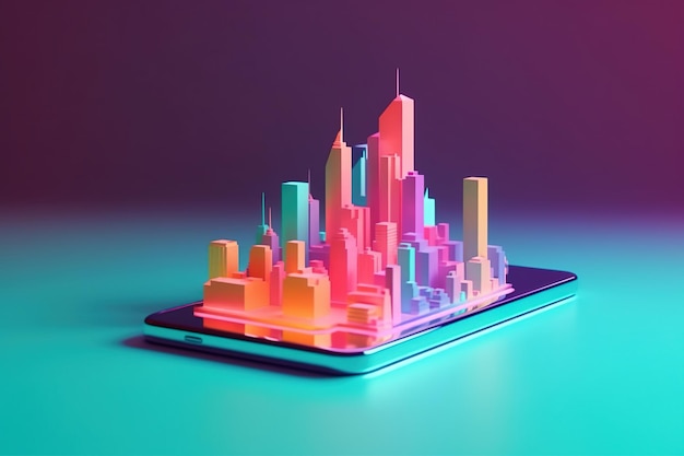 A phone with a colorful city on the screen