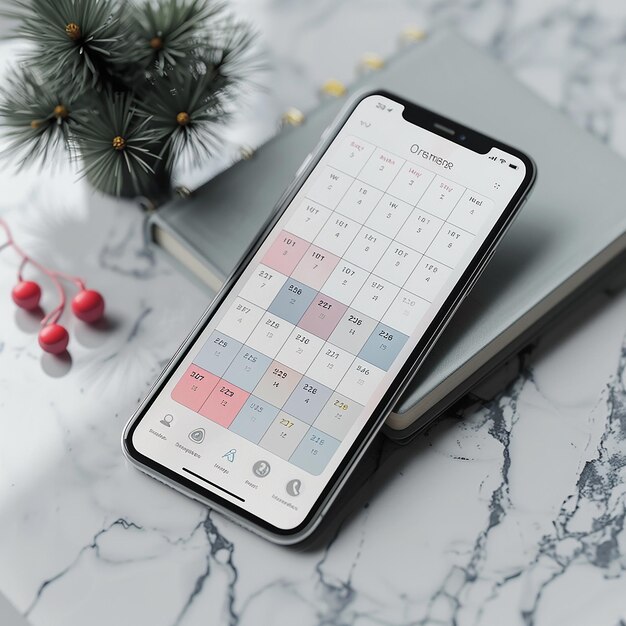 a phone with the date of the year is on a marble table