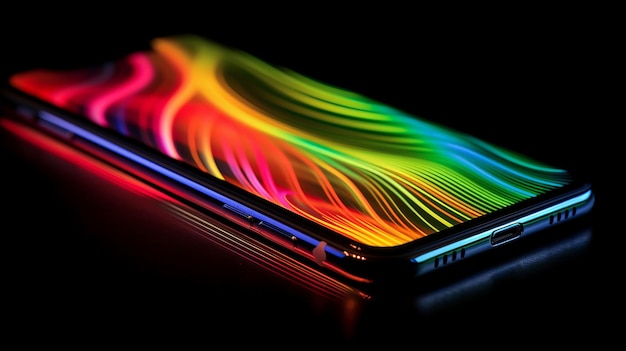 Phone with a glowing screen on a black background Generative AI