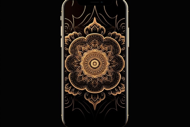 A phone with a gold mandala on the front and the back of it.