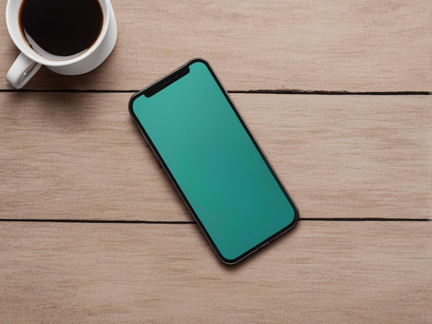 a phone with a green case on it sits on a wooden table Premium mobile phone screen mockup template