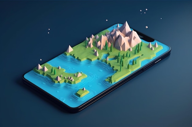 A phone with a lake and mountains on it