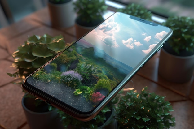 A phone with a landscape on the screen