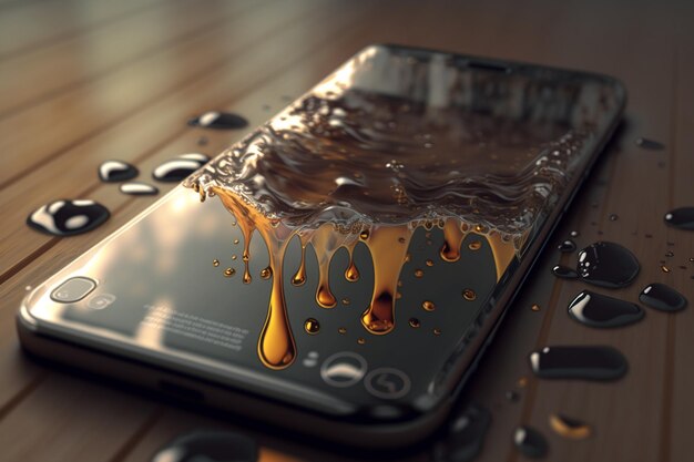 A phone with a liquid on it that is on a table.