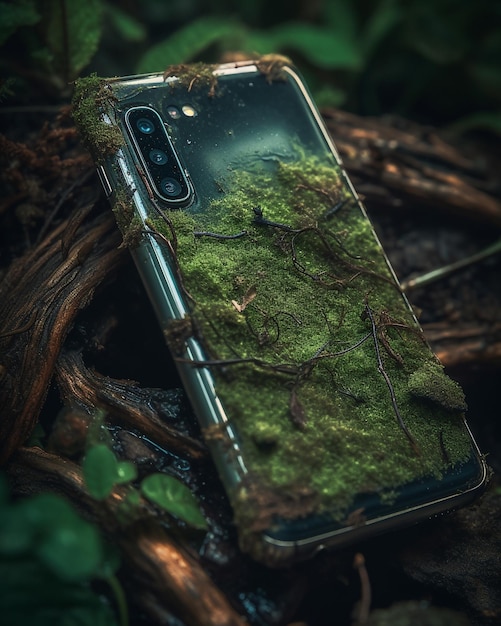 A phone with moss on it and the back of it