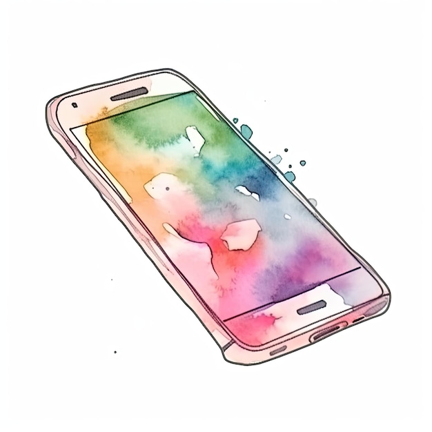 Phone with a rainbow colored screen and a watercolor background