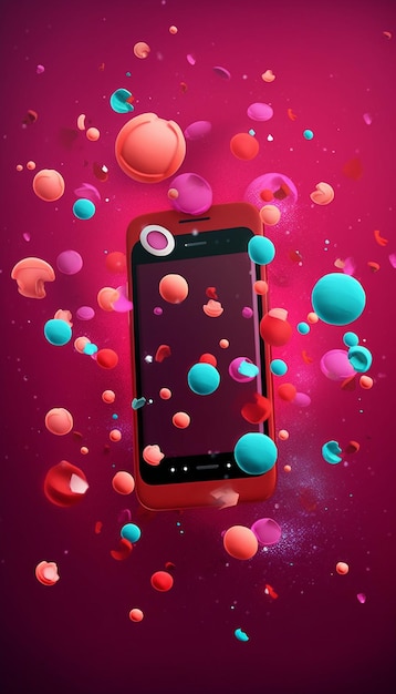 a phone with a red background with colorful bubbles and bubbles.