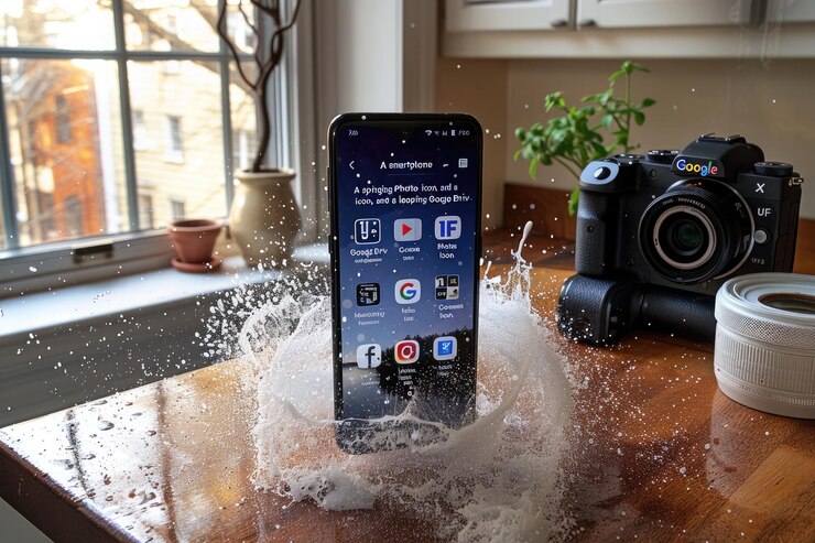 Photo a phone with a screen with different app and icon showing on screen