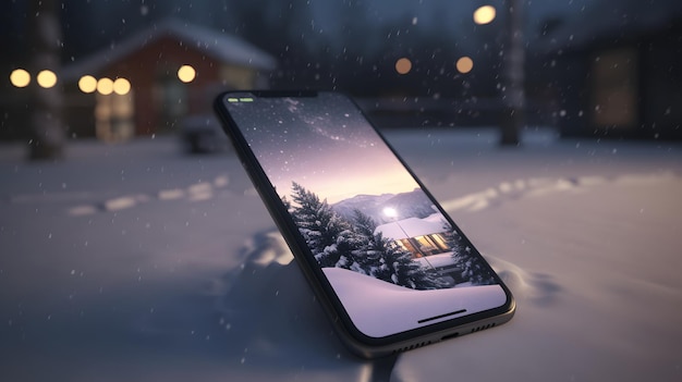 A phone with a snowy landscape on the screen